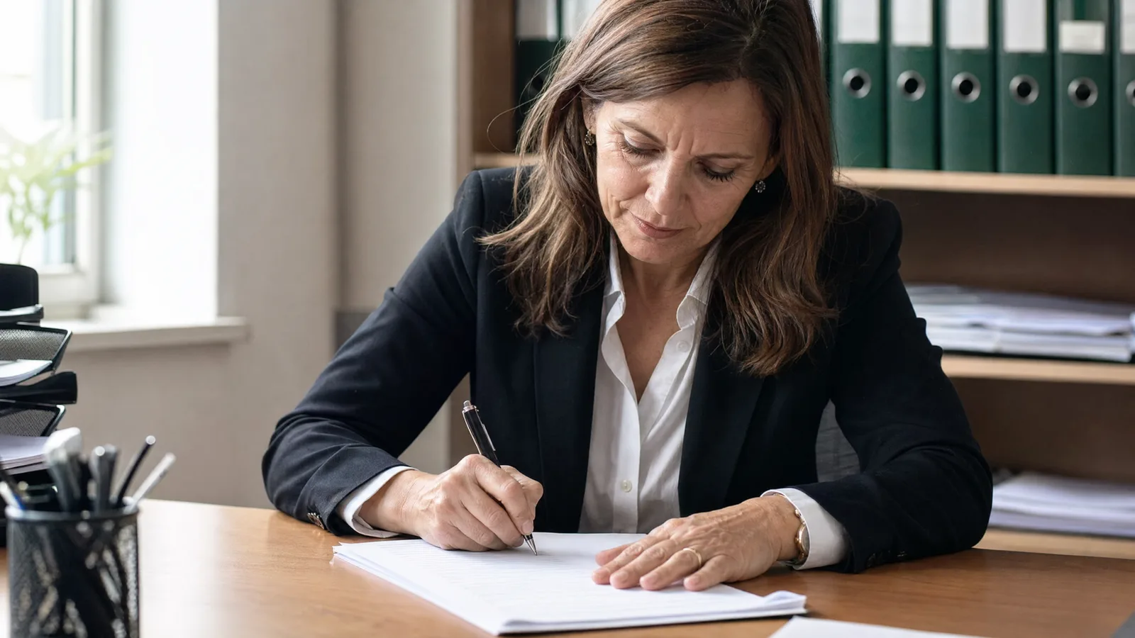Contabilista a assinar a última página de uma declaração impressa, na sua secretária